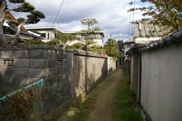 民家の塀と緑の地面、白い雲が写る風景の写真