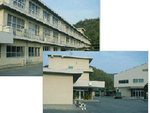 空と雑木林と光市立室積中学校外観の写真