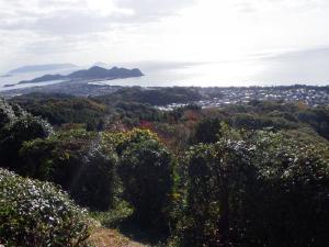 手間には山、真ん中に町、奥には海が広がっている様子を上空から撮った写真