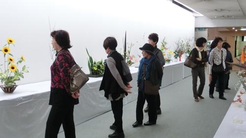 会場内に飾られた複数の生け花を順番に見学している8人の女性の写真
