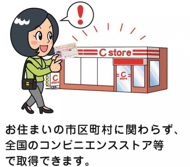 女性がマイナンバーカードを持ってコンビニに行こうとしているイラスト