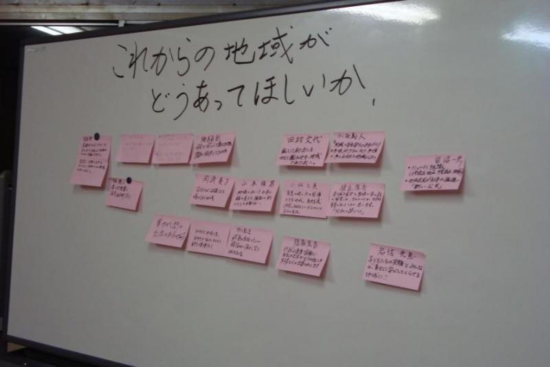 ホワイトボードに「これからの地域がどうあってほしいか」と黒ペンで記載されたしたに貼られた付箋の写真