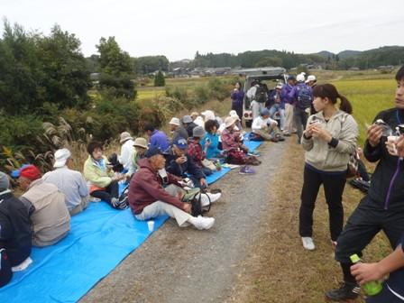 川沿いの道でブルーシートを広げて昼食をとる参加者の写真