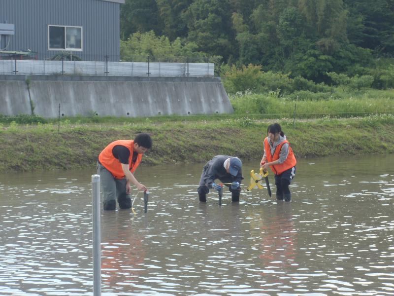 地域ふれあい協働隊員らが田んぼのどろんこの中でメジャーを使って距離を測り杭を打とうとしている写真