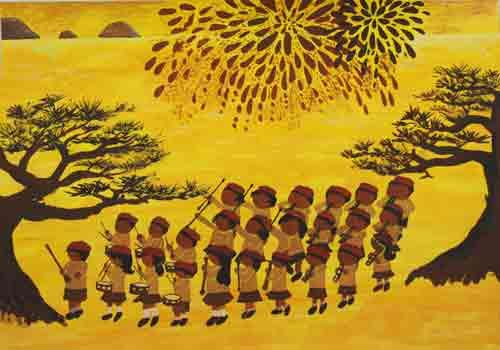 子供たちが楽器を持ってパレードをしている絵画の写真