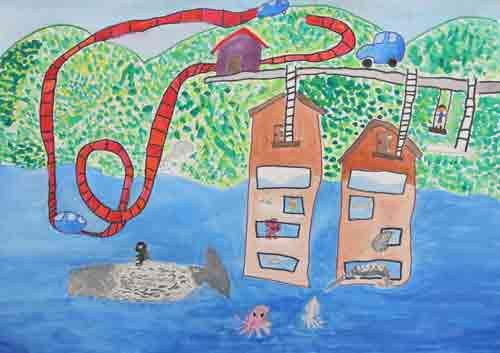 海と山と町の絵画の写真