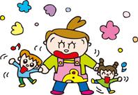 ピンクのエプロンをつけた女性の周りで踊っている青いスモッグを着た二人の子どものイラスト