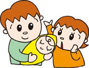 黄色いおくるみを着た赤ちゃんを抱っこする父親とその横にいる母親のイラスト