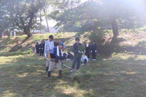 木漏れ日が差す公園内で草刈りを行う人たちの写真