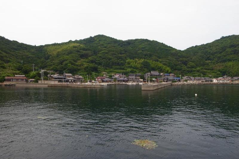 緑色の山と、さざ波が立つ水面が写る牛島の写真