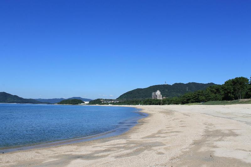 雲のない青空が広がる晴れた日に海と砂浜を撮影した写真