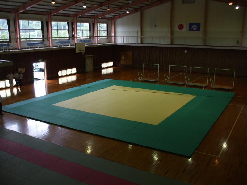 緑と黄色の二色カラーの柔道畳が置かれているスポーツ館の写真