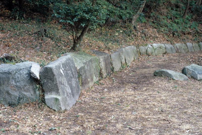 大きな石が一列の帯状に並べられている写真