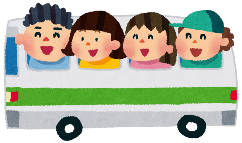 緑のライン入りのバスに乗って窓から顔を出している4人の男女のイラスト