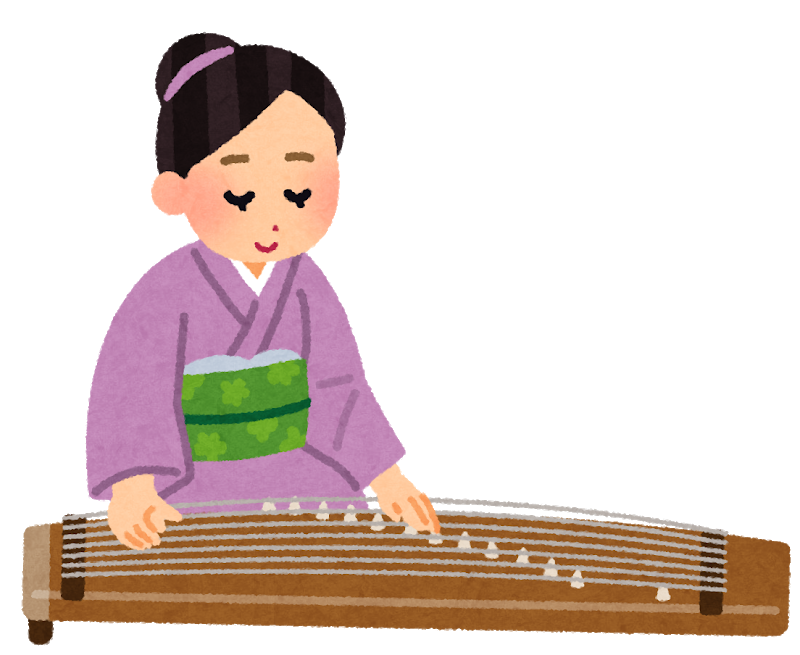 紫色の着物を着て琴を弾く女性のイラスト