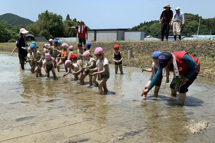 横一列に並び、泥だらけになって田植えをする子供たちと、傍で田植えの仕方を教えている地域おこし協力隊員の写真