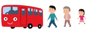 赤いバスとその後ろを歩く人々のイラスト