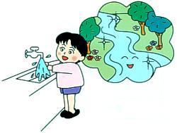 蛇口から出た水で手を洗う女の子と波線で区切られた中に川と森が描かれたイラスト
