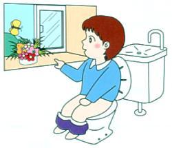 花が飾られたトイレの洋式便器に座る男の子のイラスト