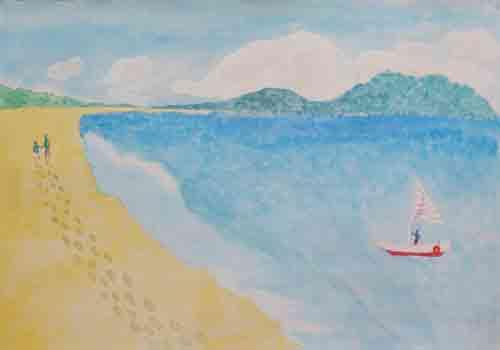 海と砂浜とヨットの絵画の写真