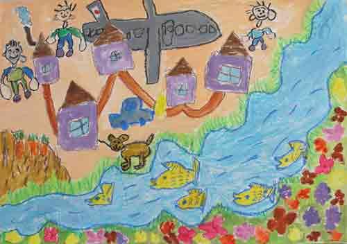 川を魚が泳ぎ、陸には人と家が並ぶ絵画の写真