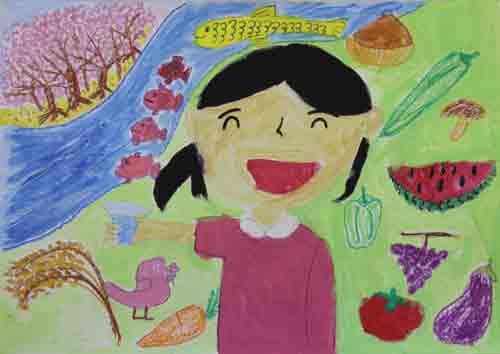 果物や野菜、川と自然の中で女の子が笑っている絵画の写真