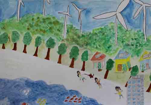 町と風力発電機が並んだ絵画の写真