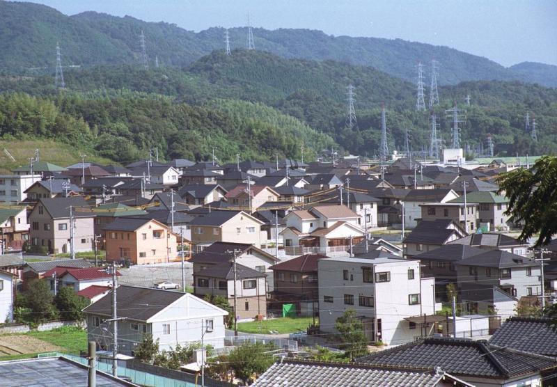 緑の山々を背景に住宅が立ち並んでいる写真