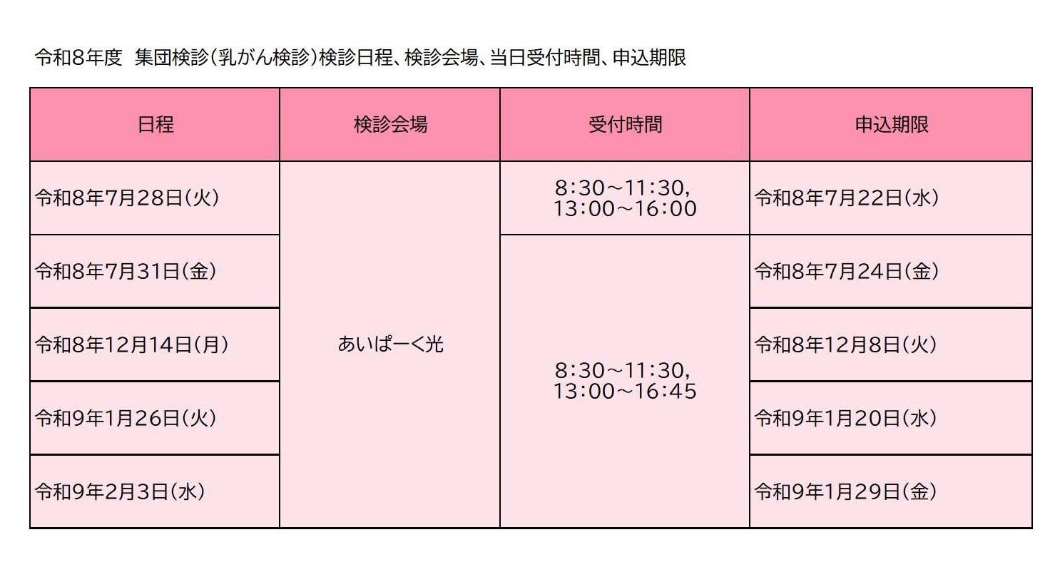 令和8年度集団検診（乳がん検診）検診日程、検診会場、当日受付時間、申込期限