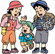 水筒を持った母親と男の子と地図を持った父親三人が帽子をかぶってリュックを背負っているイラスト