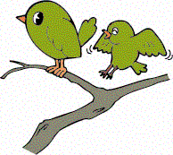 木の枝にとまる2羽の緑色の小鳥のイラスト