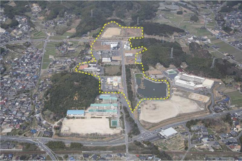 上空から撮影した写真のひかりソフトパークの土地を黄色い点線で囲んだ写真