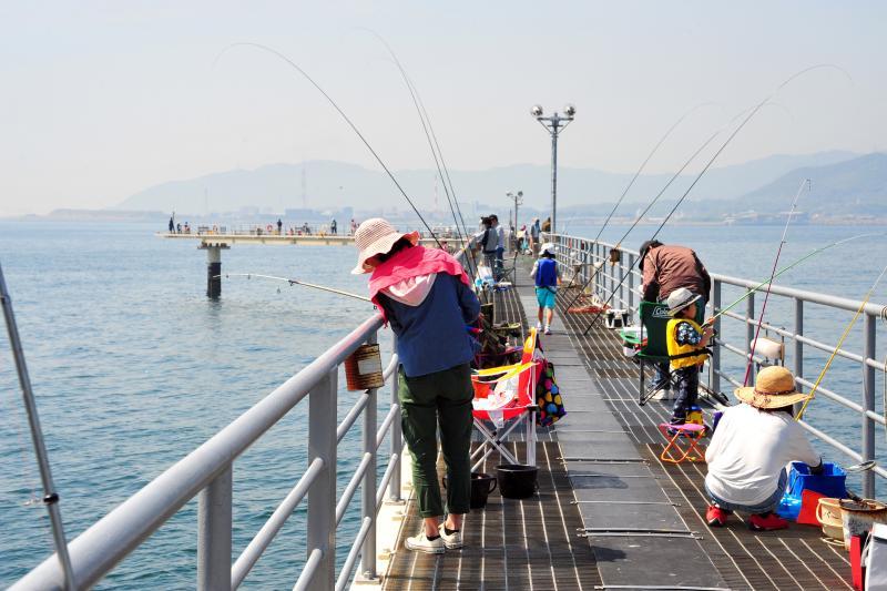 エル字型に海につきだした釣り場から釣り人たちが竿を海に垂らしている写真