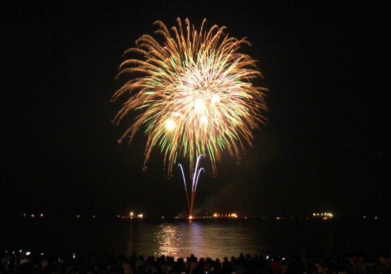 夜空にオレンジ色の大きな花火が打ちあがっている(動画のスクリーンショット)